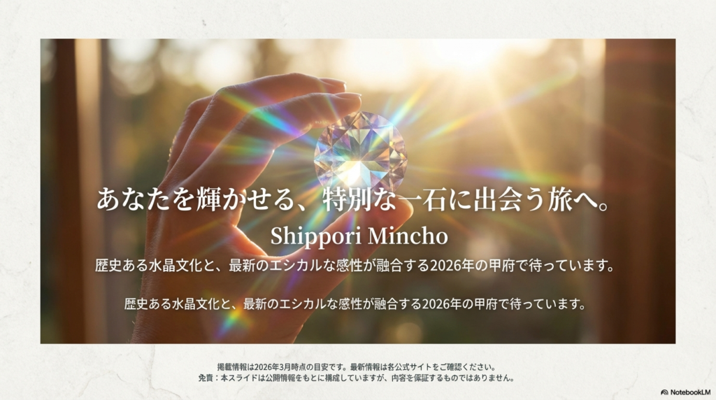 水晶文化とエシカルな感性が融合する甲府への誘いと、2026年3月時点の情報である旨の注釈が書かれたクロージングスライド。