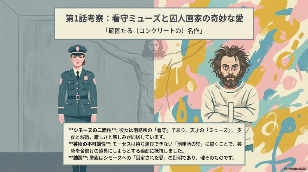 看守服の女性と、拘束衣を着た髭の男性、背景に壁画の一部が描かれたイラスト。シモーヌの二面性と、芸術の不可譲性（金儲けへの抵抗）について解説している。