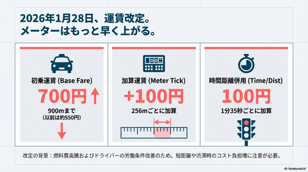 2026年1月からの新料金表。初乗運賃は900mまで700円、加算運賃は256mごとに100円、時間距離併用は1分35秒ごとに100円。燃料費高騰と労働条件改善が背景にある旨の説明。