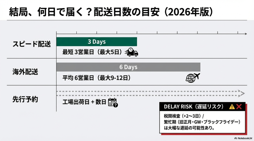 スピード配送(最短3営業日)と海外配送(平均6営業日)の日数目安、および税関や繁忙期による遅延リスクの解説。