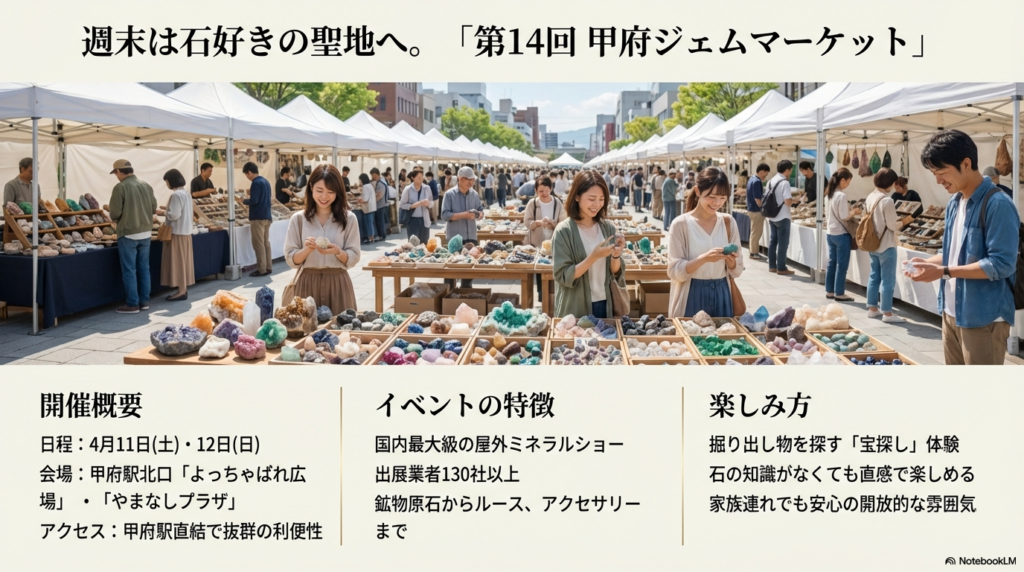 青空の下、多くの人で賑わう屋外マーケットの写真。4月11日・12日に甲府駅北口で開催される、130社以上が出展する国内最大級のミネラルショーの紹介。