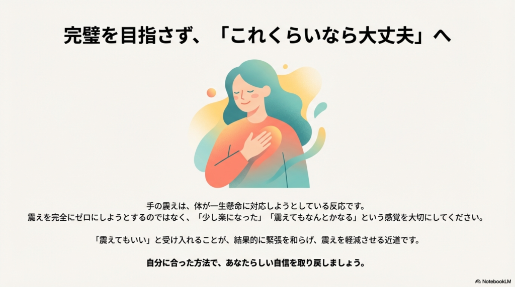 「震えてもいい」と受け入れることが緊張を和らげる近道であるというメッセージと、完璧を目指さない姿勢の重要性を示す結びのスライド。