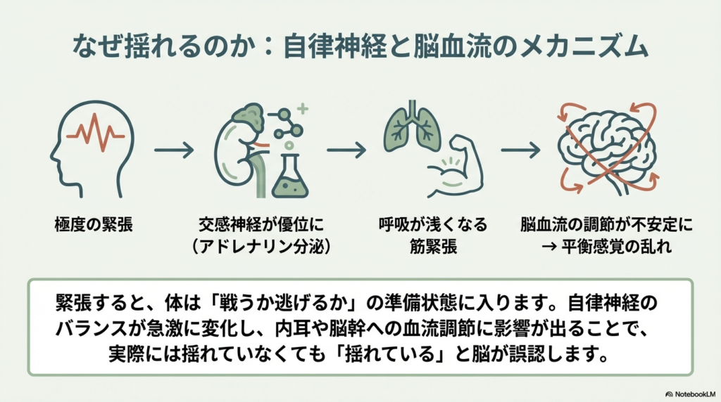 極度の緊張から交感神経が優位になり、呼吸が浅くなることで脳血流の調節が不安定になり、平衡感覚が乱れてめまいが起こる仕組みを図解したスライド。