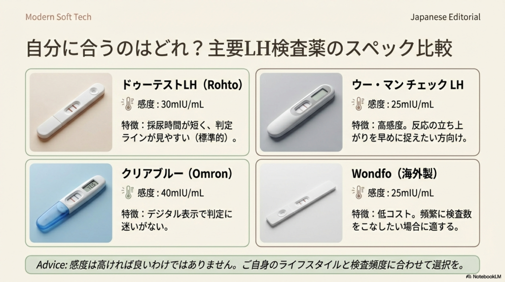 ドゥーテストLH、クリアブルー、ウー・マンチェック、Wondfoの4製品について、感度(mIU/mL)と特徴をまとめた比較表。