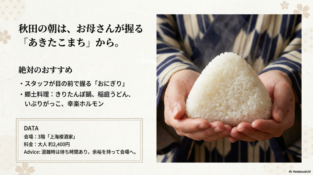 スタッフが目の前で握るおにぎりや、きりたんぽ鍋、稲庭うどんなどの郷土料理メニューと、3階「上海楼酒家」の会場案内をまとめたスライド。