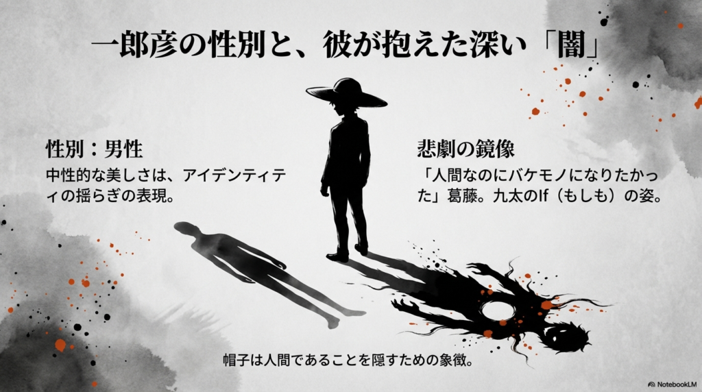 一郎彦の性別は男性であり、その中性的な美しさはアイデンティティの揺らぎの表現であること、帽子は人間であることを隠す象徴であることを説明するスライド。
