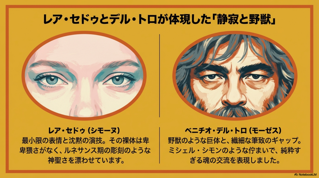 シモーヌの澄んだ瞳と、モーゼスの力強い眼差しのアップ。レア・セドゥの神聖な沈黙の演技と、ベニチオ・デル・トロの繊細な筆致のギャップを対比させている。