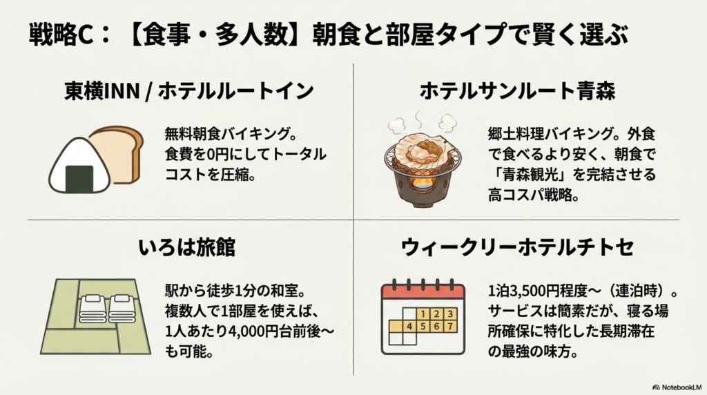 無料朝食(東横INN等)、郷土料理バイキング(サンルート)、グループ利用(いろは旅館)、長期滞在(ウィークリーチトセ)の各戦略をまとめたイラスト付きスライド。