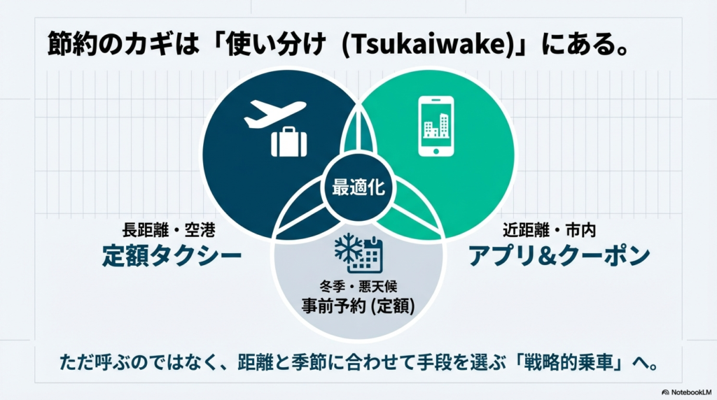 タクシーを安く使うための3つの最適化戦略の図解。長距離・空港は「定額」、近距離・市内は「アプリ＆クーポン」、冬季・悪天候は「事前予約」を選ぶべきという内容。