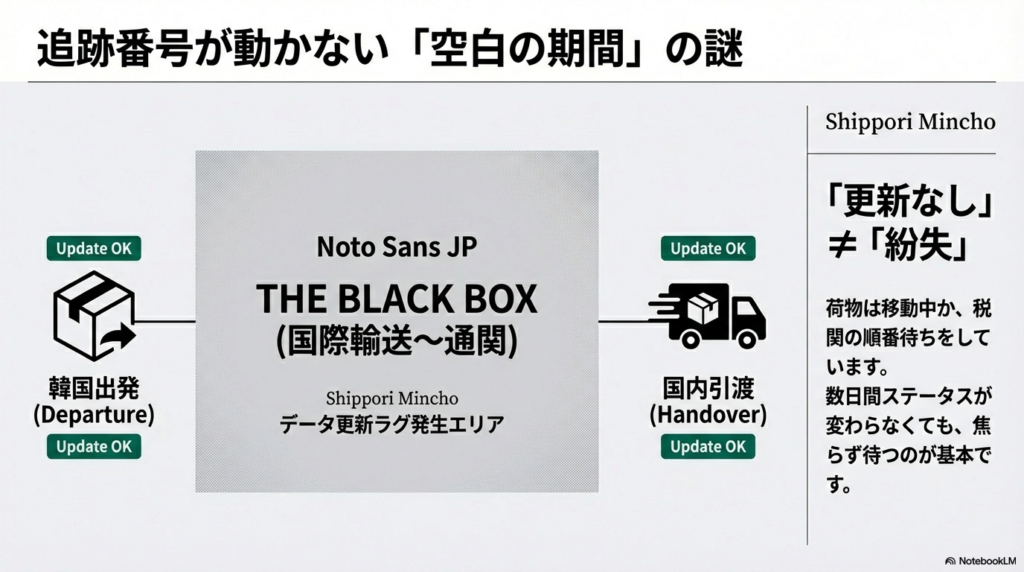 国際輸送から通関、国内引渡までの「データ更新ラグ発生エリア」をブラックボックスとして解説し、更新なし=紛失ではないことを示す図。