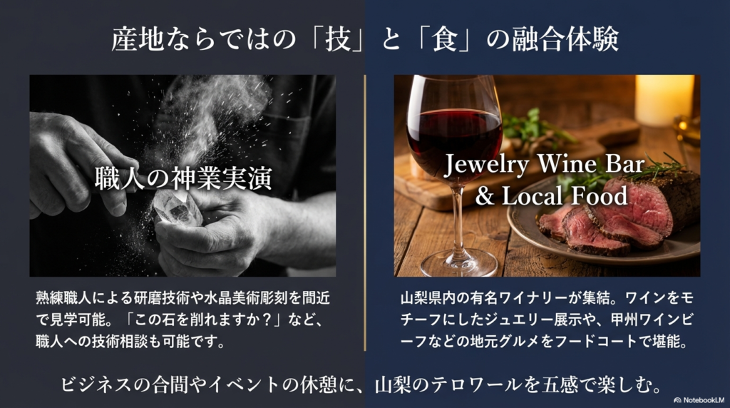 熟練職人による研磨や彫刻の実演、および山梨県産ワインと地元グルメを楽しめるフードコートの紹介。技術相談も可能である旨が記されています。
