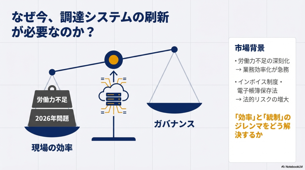 深刻化する労働力不足（2026年問題）と、インボイス制度・電子帳簿保存法による法的リスクの増大を背景に、業務効率化とガバナンスの重要性を説くスライド。