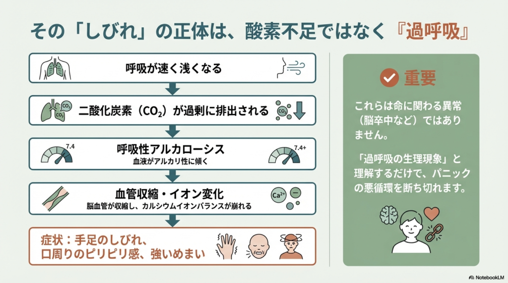 呼吸が速く浅くなり二酸化炭素が排出されすぎて血液がアルカリ性に傾く「呼吸性アルカローシス」の解説。脳血管の収縮やカルシウムイオンバランスの崩れがしびれやめまいを引き起こすが、命に関わる異常ではないことを強調するスライド。