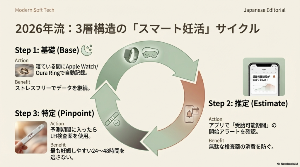 ウェアラブルでの自動記録(Step1)、アプリでの推定アラート(Step2)、LH検査薬での特定(Step3)を循環させる戦略図。