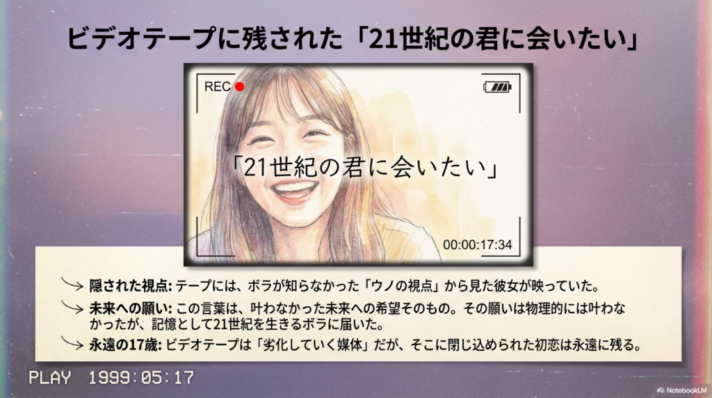 ビデオテープに映る笑顔のボラのイラスト。テープにはボラが知らなかった「ウノの視点」が記録されており、物理的には叶わなかった未来への願いが込められていることを解説している 。