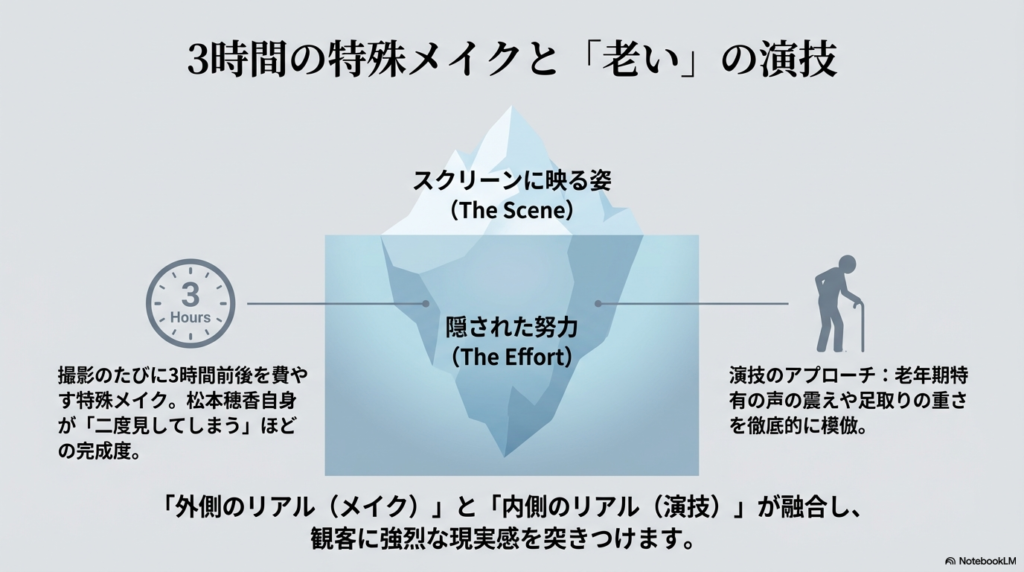 「3 Hours」と書かれた時計のアイコン。特殊メイクの時間と演技へのアプローチについての解説。