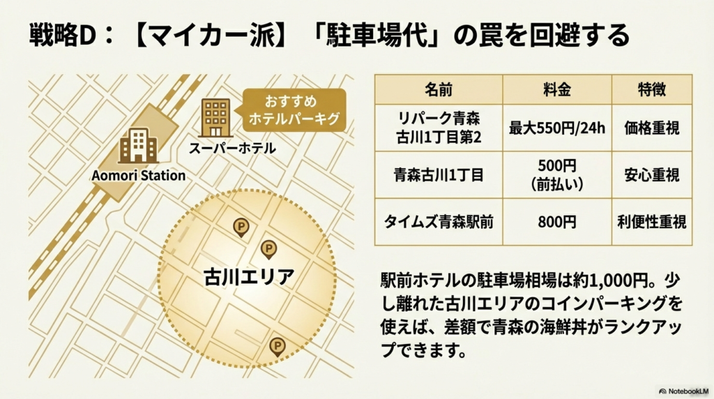 青森駅前と少し離れた古川エリアのコインパーキング(最大500円〜800円)を比較し、駐車場代を節約するコツを示した地図。