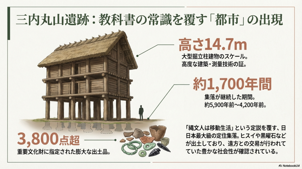 3,800点超の重要文化財、高さ14.7mの大型掘立柱建物、約1,700年間続いた定住生活のデータを示すスライド。