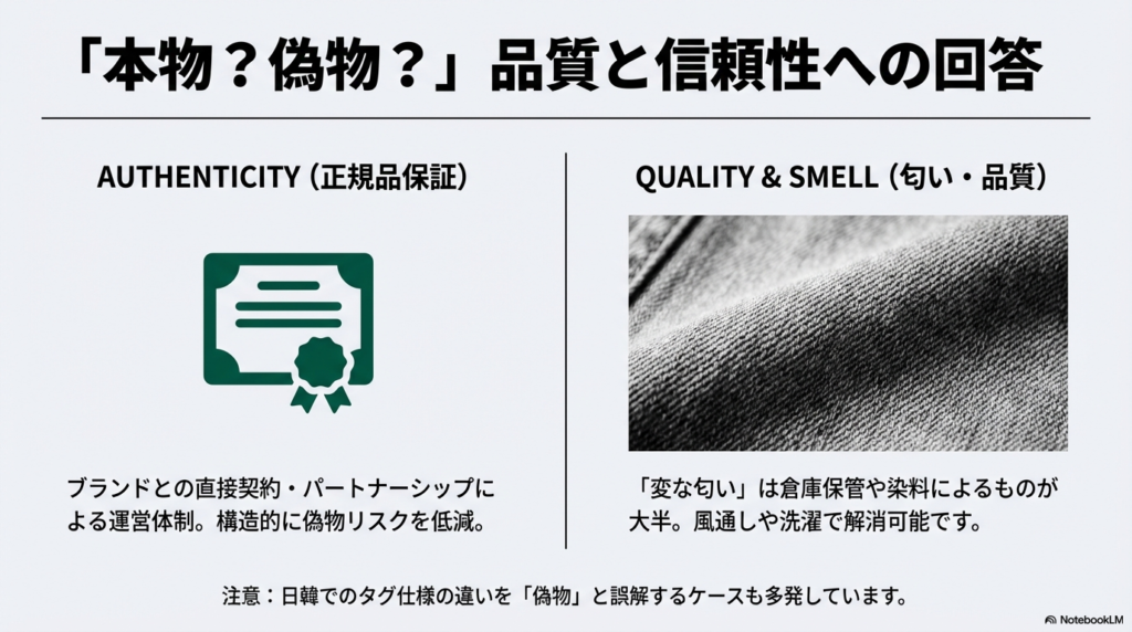 ブランド直接契約による偽物リスク低減の仕組みと、特有の匂いや日韓のタグ仕様の違いについての解説。