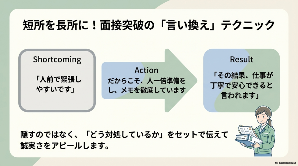 「人前で緊張しやすい」という短所に対し、「準備とメモを徹底する(Action)」ことで「仕事が丁寧で安心される(Result)」という成果に繋げる言い換えの図