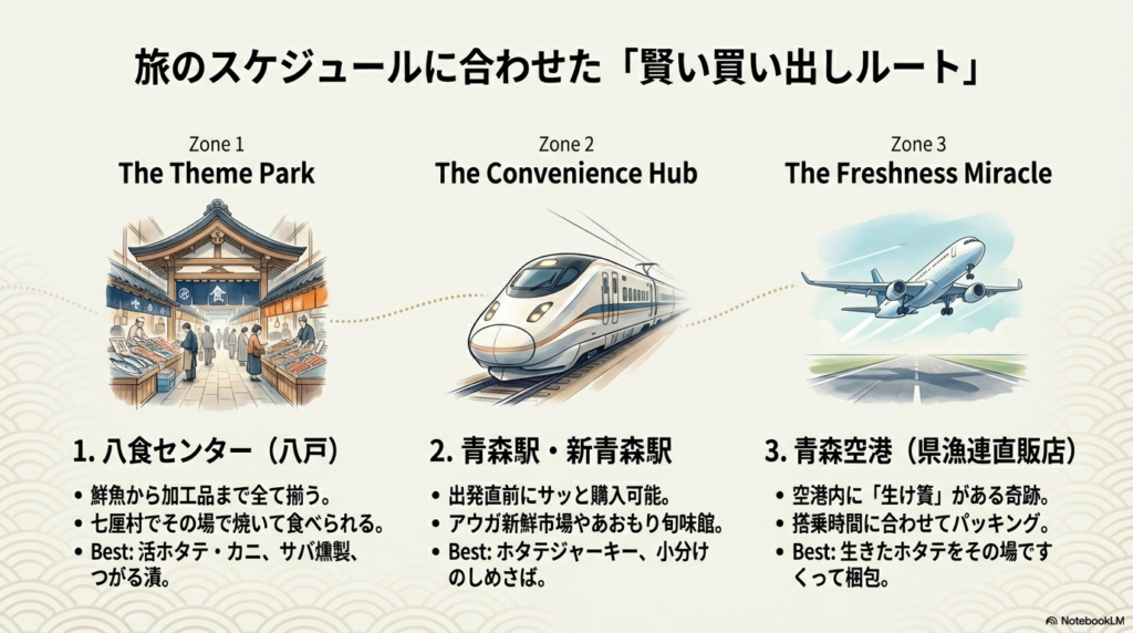 八食センター（テーマパーク型）、駅ナカ（利便性型）、青森空港（鮮度特化型）の3つの購入スポットの特徴とおすすめ商品をまとめたスライド。