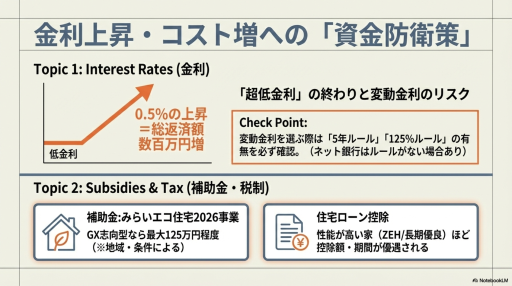 金利上昇リスク(0.5%上昇で返済額数百万増)への注意点と、2026年の補助金(みらいエコ住宅:最大125万円)や住宅ローン控除の優遇についてまとめたスライド。