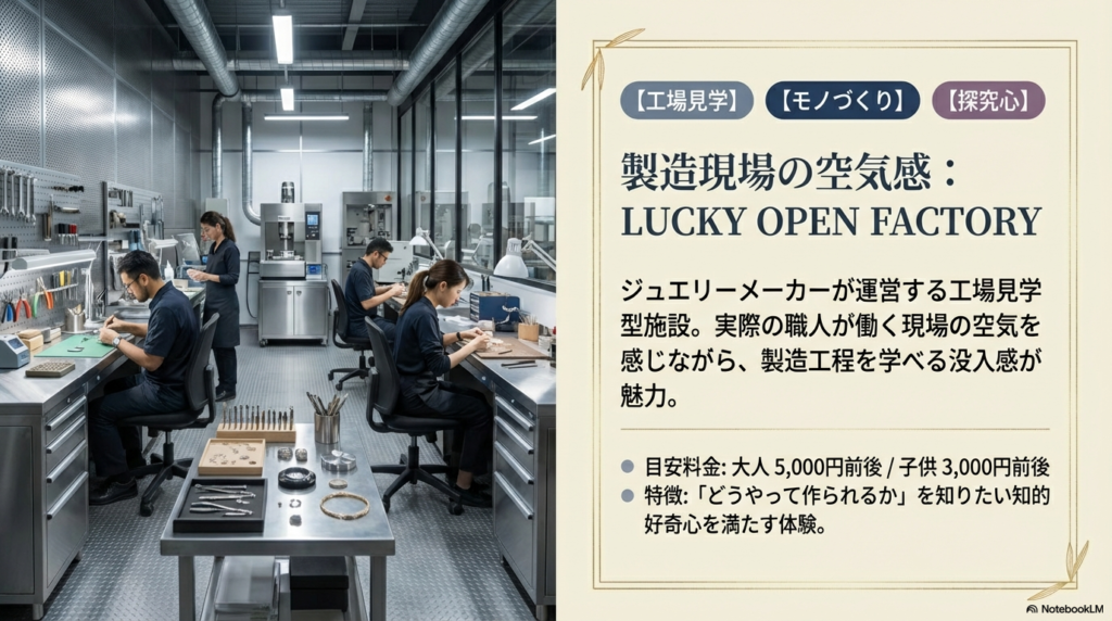 スタイリッシュなジュエリー工場の内部写真と、製造工程を学べる没入感のある体験内容、目安料金が記載されたスライド 。