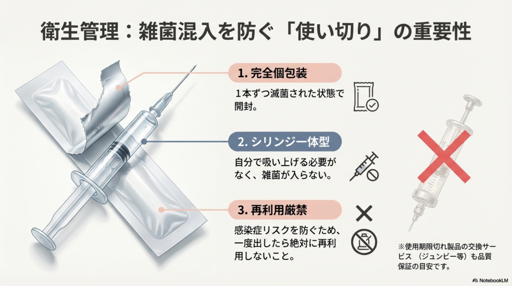 完全個包装、シリンジ一体型による雑菌混入防止と、再利用厳禁のルールを説明する図解。