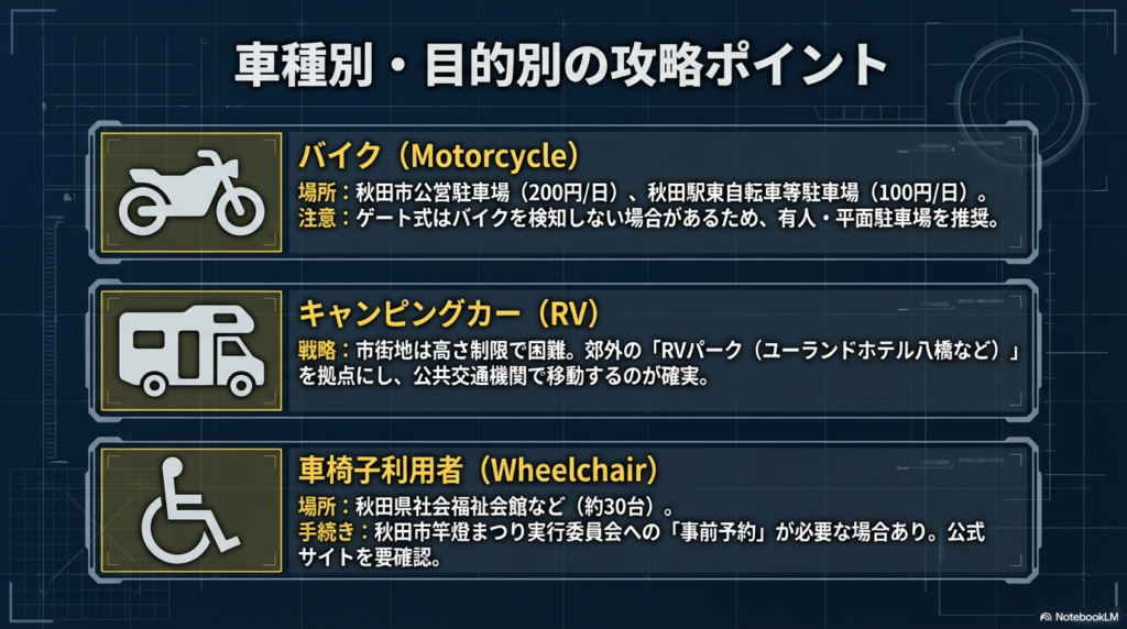 バイク、キャンピングカー、車椅子利用者それぞれの推奨駐車場と、予約の必要性や高さ制限などの注意点をまとめた図。