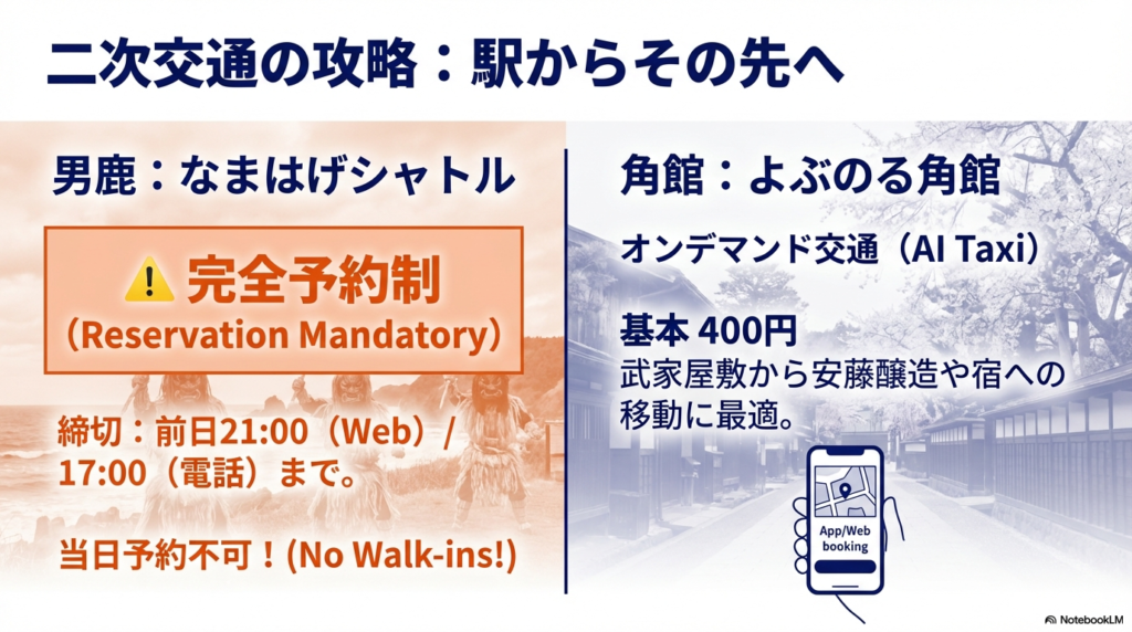 完全予約制の「なまはげシャトル」と、オンデマンド交通「よぶのる角館」の予約方法や料金(400円)をまとめたスライド。