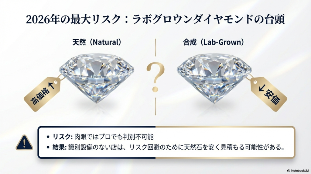 天然石と合成石(ラボグロウン)の比較スライド。見た目では判別不可能であり、識別設備のない店ではリスク回避のために天然石が安く見積もられる可能性を指摘。