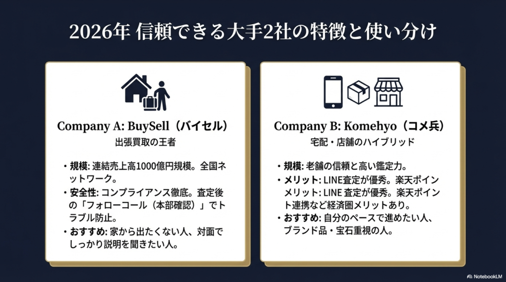 出張買取の王者バイセルと、宅配・店舗ハイブリッドのコメ兵、それぞれの規模、安全性、おすすめの人を解説したスライド。