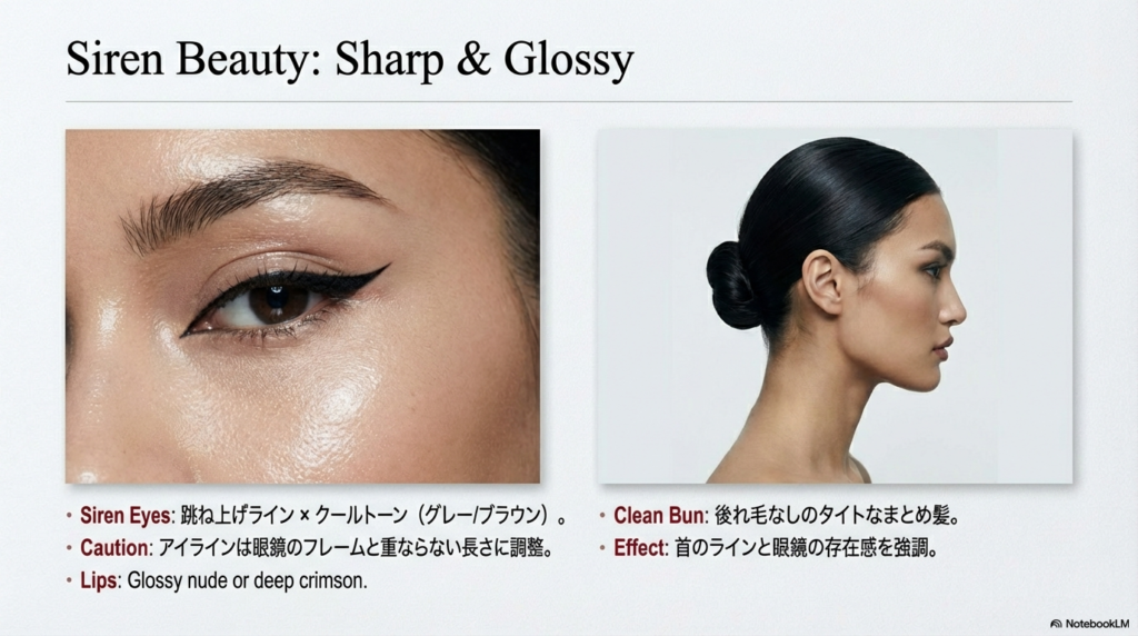切れ長に跳ね上げたアイラインの目元アップと、後れ毛を一切出さずタイトにまとめた「クリーン・バン」の横顔写真。クールトーンのアイシャドウやグロッシーなリップのポイントがまとめられている。