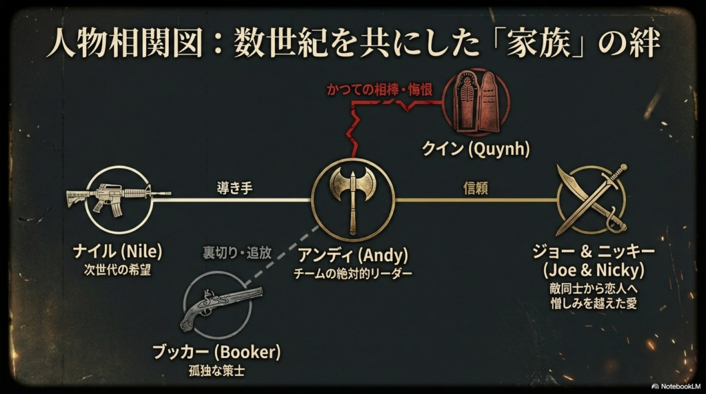 アンディを中心に、ナイル、ブッカー、クイン、ジョー＆ニッキーの繋がりを示す相関図。敵同士から恋人になったジョーとニッキーの関係などが示されている 。