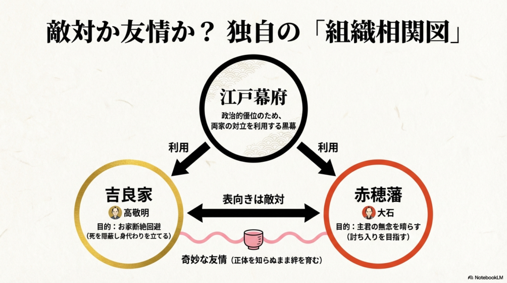 江戸幕府、吉良家、赤穂藩の三つ巴の対立関係と、孝証と大石の間に芽生える奇妙な友情を描いた相関図スライド 。
