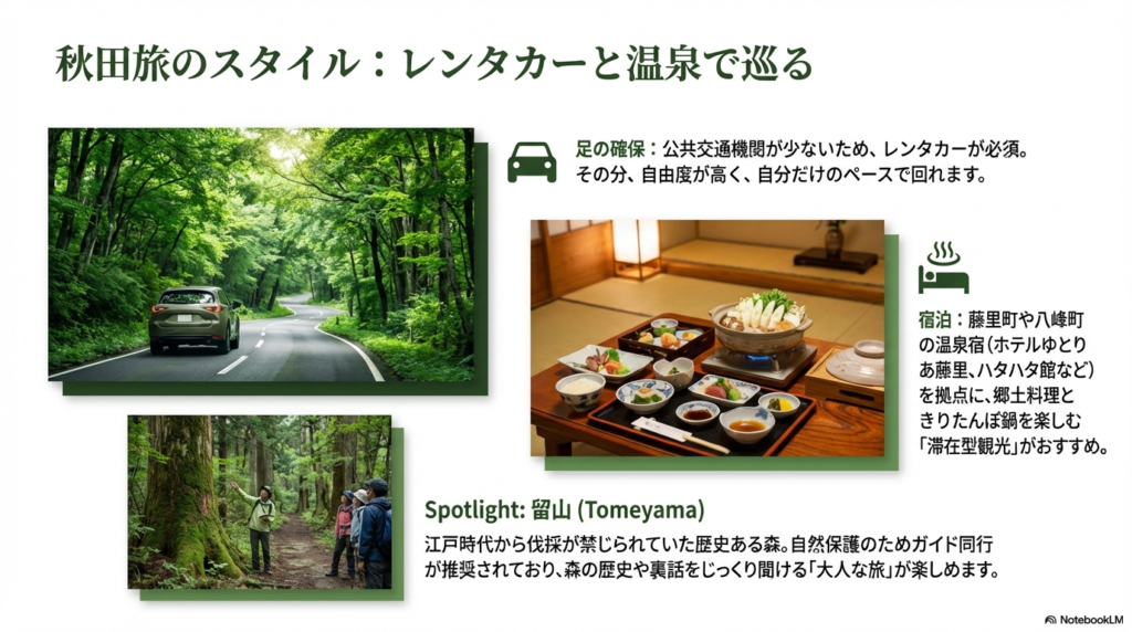 レンタカー必須の自由な旅、温泉宿での郷土料理、そしてガイド同行が推奨される歴史ある森「留山」の紹介。