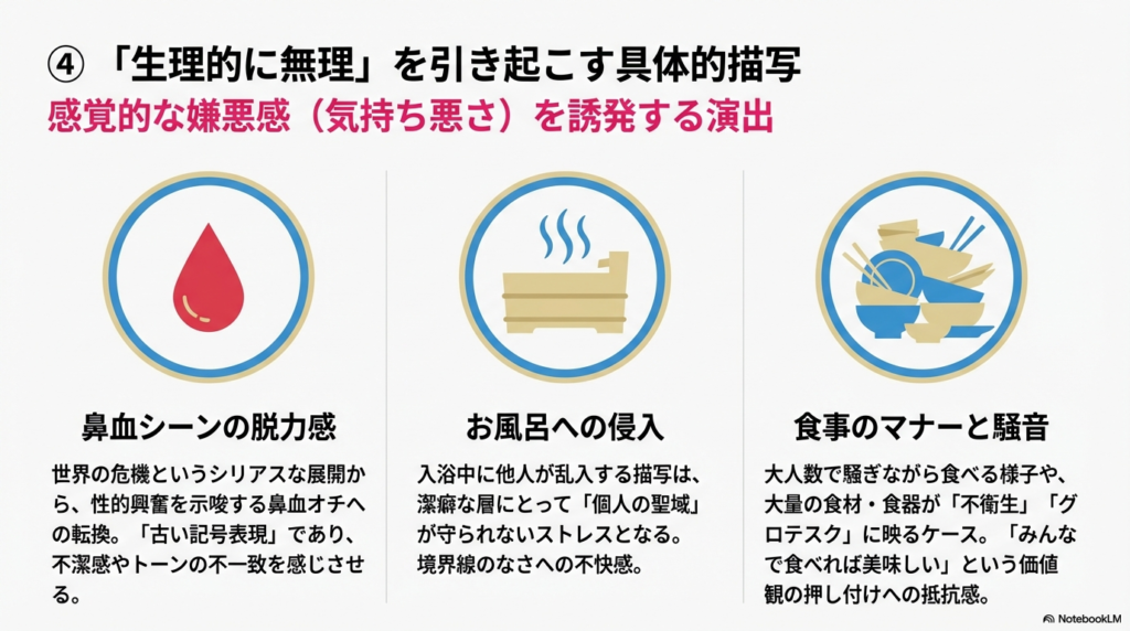 鼻血、お風呂、積み重なった食器のアイコン。シリアスな場面での鼻血、プライバシーのない入浴、食事マナーや喧騒など、潔癖な層がストレスを感じる具体的なシーンを挙げたスライド。
