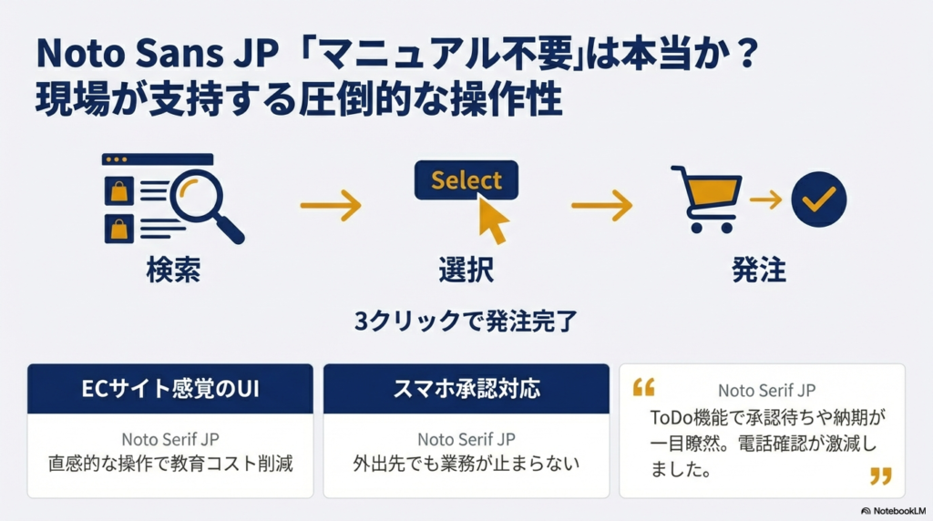検索・選択・発注が3クリックで完了するUIの紹介。スマホ承認対応やToDo機能による進捗管理の可視化も示されている。