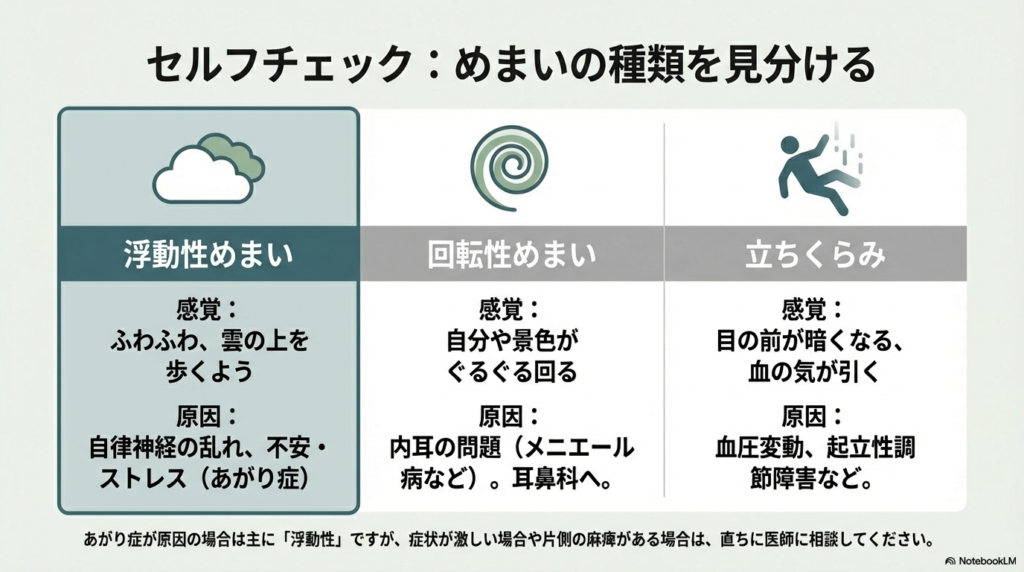 浮動性めまい（自律神経の乱れ）、回転性めまい（内耳の問題）、立ちくらみ（血圧変動など）の3種類の感覚と原因を比較した表形式のスライド。