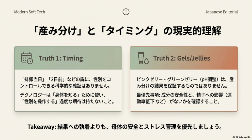 性別操作への過度な期待を戒め、成分の安全性やストレス管理を最優先することを促すアドバイス。