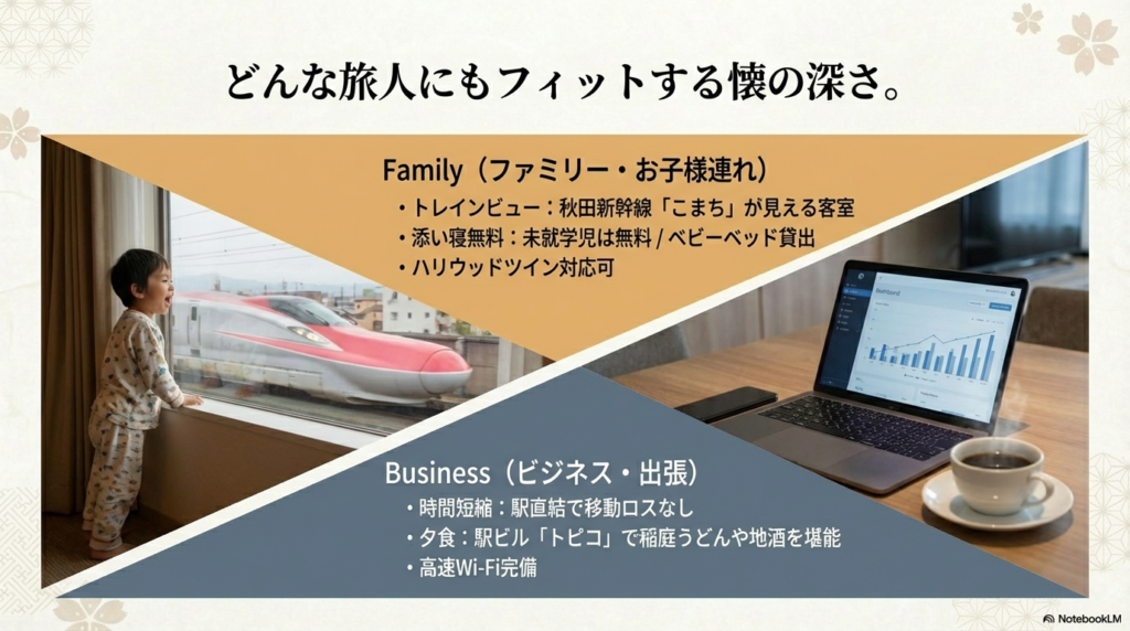 秋田新幹線が見えるトレインビュー客室や添い寝無料サービスなどのファミリー向け情報と、移動ロスなし・高速Wi-Fi完備などのビジネス向け情報をまとめたリスト。