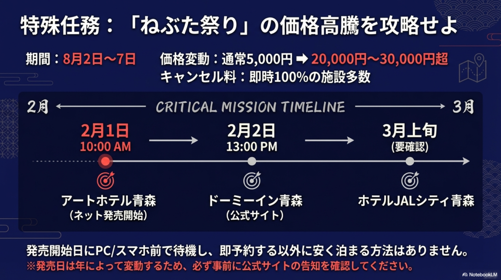 8月のねぶた期間に向けた、2月〜3月上旬の主要ホテルの予約開始スケジュール(アートホテル、ドーミーイン、JALシティ等)をまとめた図解。