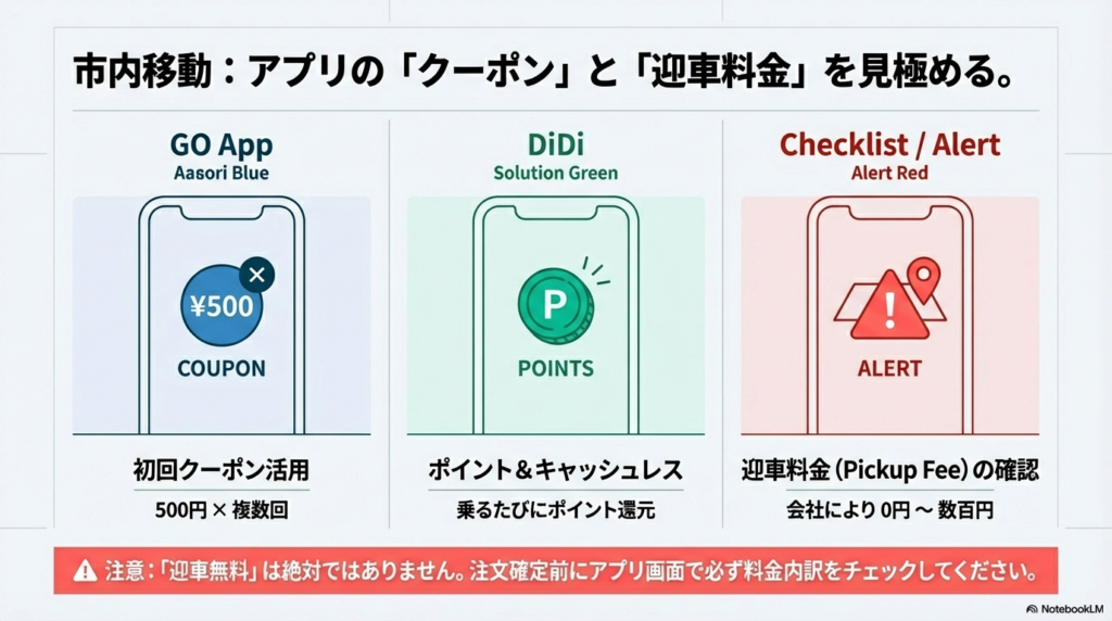 GO AppやDiDiの活用術。初回クーポンの活用、ポイント還元、迎車料金の確認を推奨。注文確定前に必ずアプリ画面で料金内訳をチェックするよう警告している。