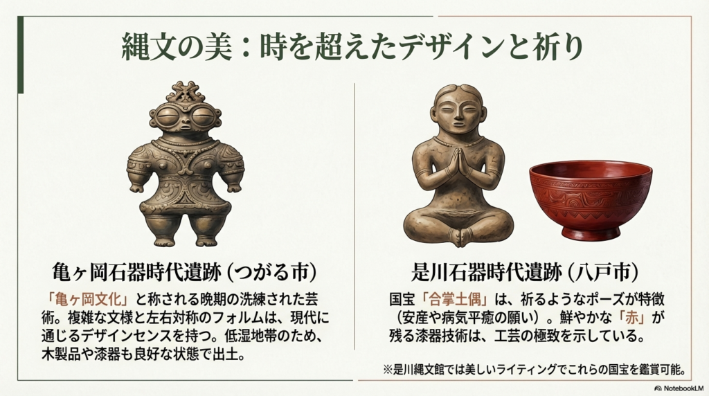 亀ヶ岡遺跡の遮光器土偶と、是川遺跡の国宝「合掌土偶」および漆器を紹介し、当時の高い芸術性を説明するスライド。