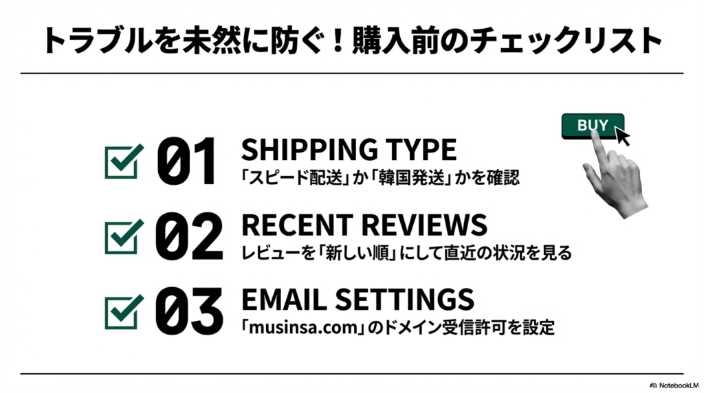 配送タイプ、最新レビューの確認、ドメイン受信許可設定の3項目をまとめた購入前チェックリスト。