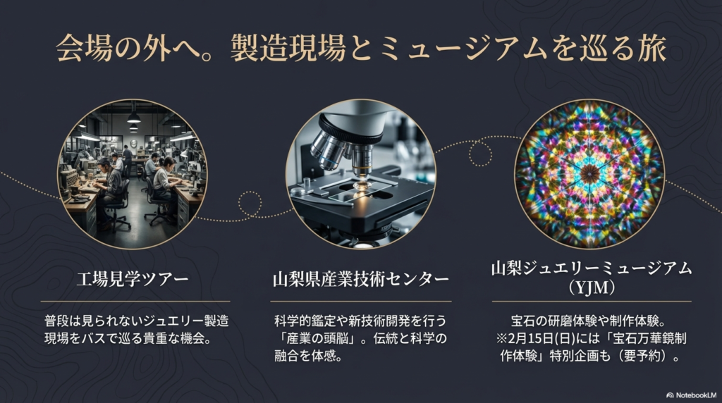 職人の工房、顕微鏡による鑑定、万華鏡のイメージ写真。工場見学ツアー、山梨県産業技術センター、ジュエリーミュージアムでの体験プログラムについての説明。