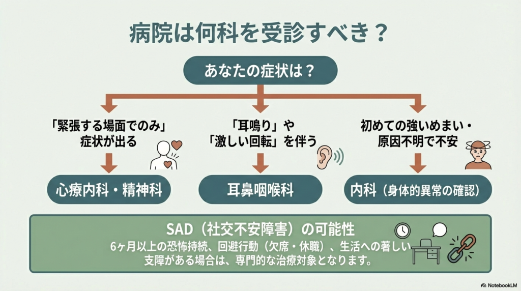 緊張時のみなら心療内科・精神科、耳鳴り・回転なら耳鼻咽喉科、原因不明なら内科という受診の目安と、社交不安障害（SAD）の診断基準を説明するスライド。
