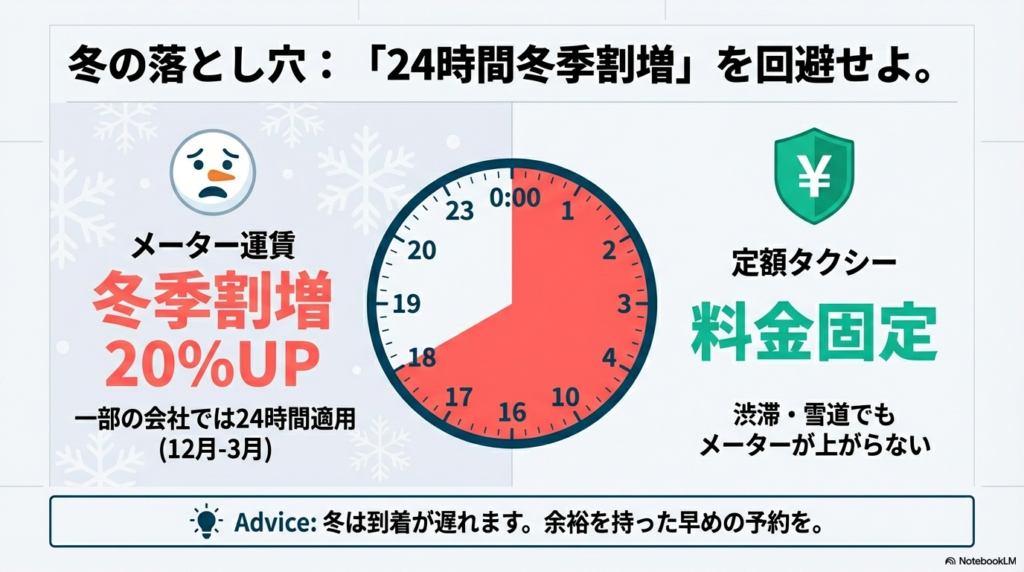 冬季（12月〜3月）に20%割増が適用される時計のイメージ。メーター運賃は割増されるが、定額タクシーなら料金が固定され、渋滞や雪道でもメーターが上がらないというアドバイス。