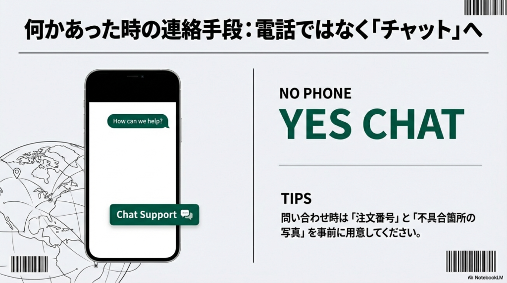 電話窓口はなく、チャットサポートを利用することを推奨し、問い合わせ時に注文番号と写真を用意するよう促す図。