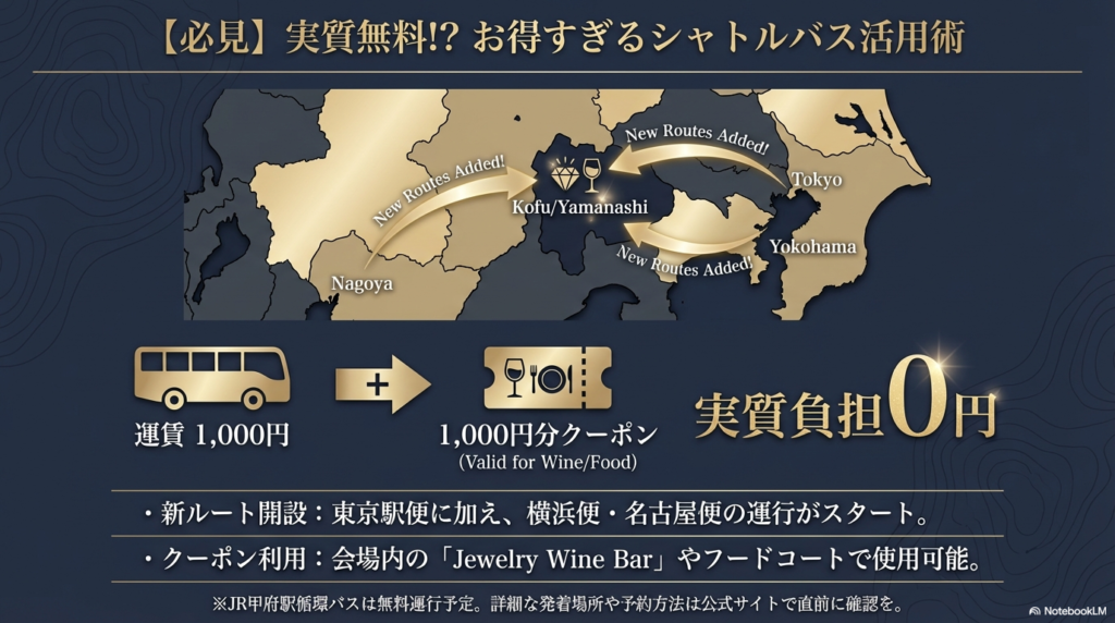 東京・横浜・名古屋から甲府へのバスルートを示した地図。運賃1,000円に対し、会場で使える1,000円分のクーポンが付与され「実質負担0円」になるキャンペーンの解説。